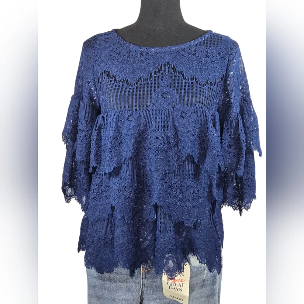 Elena Antoniades London Navy Blue Lace Tiered Blouse M | Floral Crochet Top